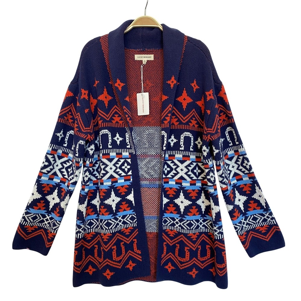 Lucky Brand Southwestern Geometric Open Front Cardigan Sweater Women XL Navy NWT
